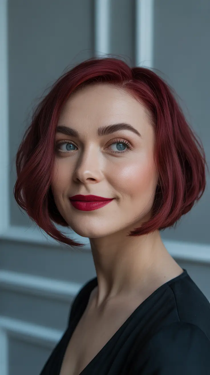 winter haircuts for round faces - Cherry-Red Chin Bob with Soft Bend