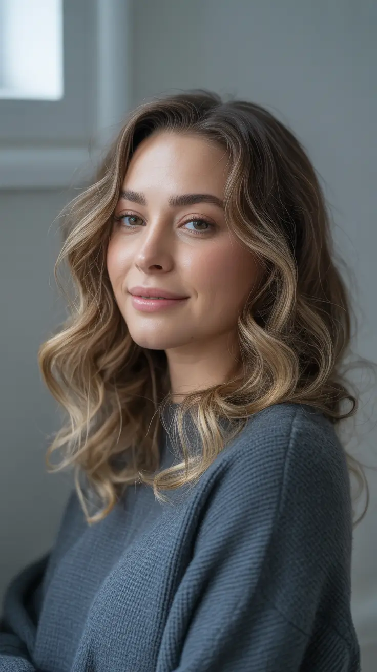 winter haircuts for round faces - Mid-Length Soft Layers with Winter Balayage