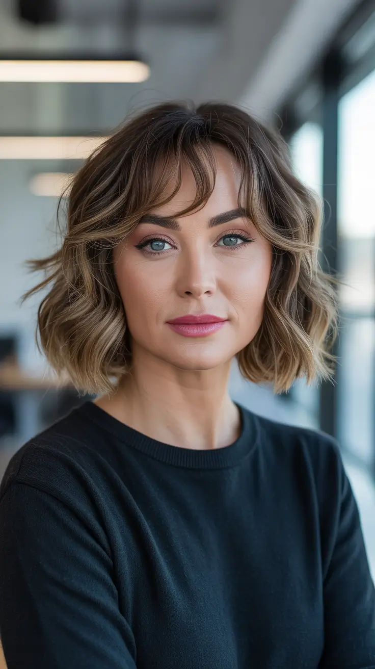 Winter Haircuts for Round Faces - Textured Wave Bob with Piecey Fringe