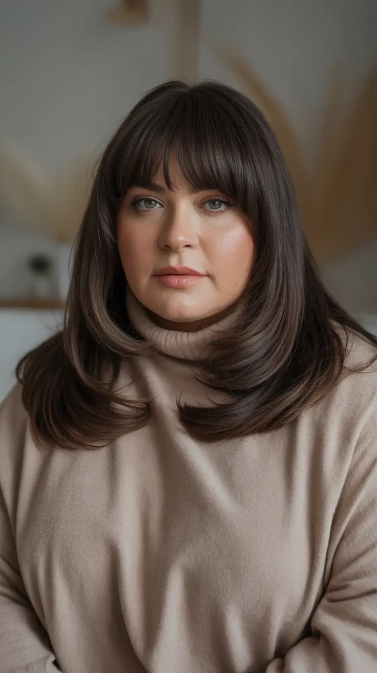 Winter Haircuts for Round Faces - Feathered Mid-Length with Full Fringe