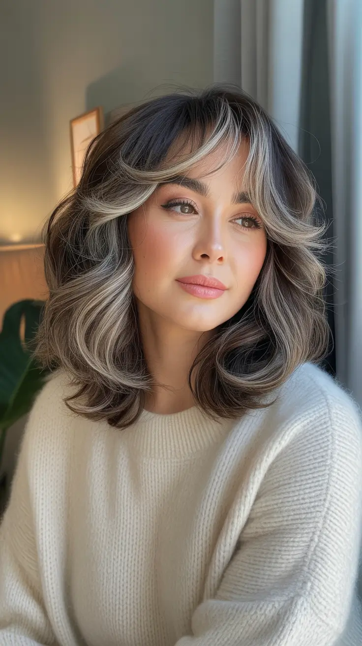 Winter Haircuts for Round Faces - Money-Piece Waves on a Layered Lob
