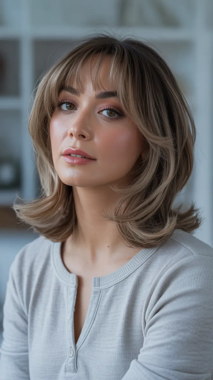 Winter Haircuts for Round Faces - Textured Flip-Shag with Whisper Bangs