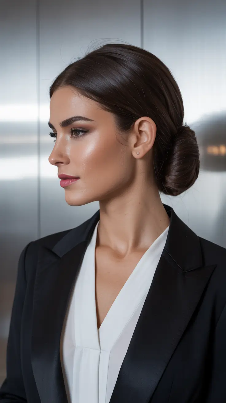 Winter Hairstyles 2025–2026 Trends & Ideas – Sleek Low Chignon for Office to Evening