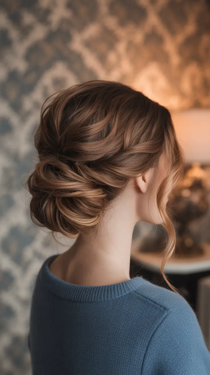 Winter Hairstyles 2025–2026 Trends & Ideas – Textured Low Updo in Cinnamon Brown