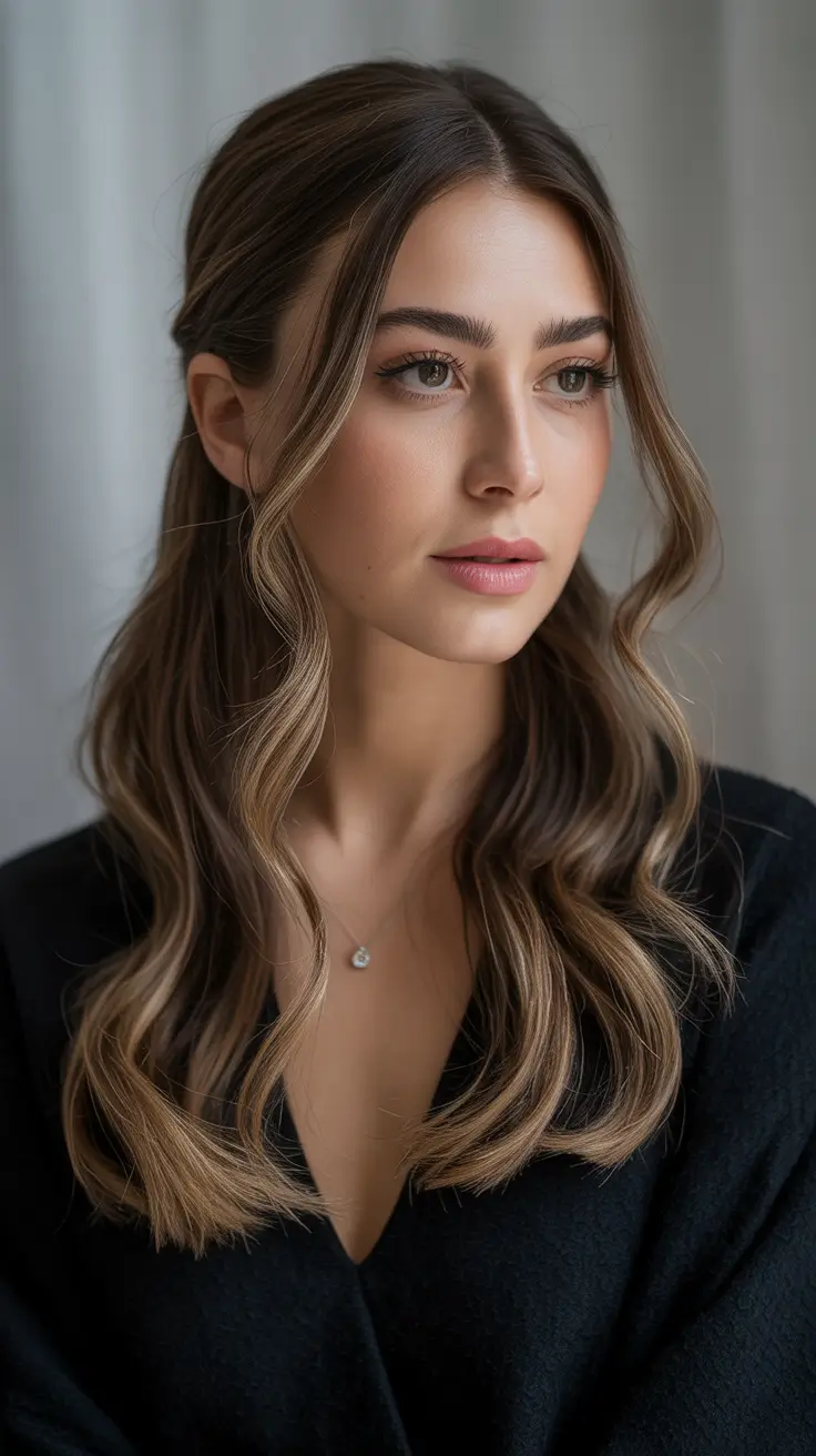 Winter Hairstyles 2025–2026 Trends & Ideas - Glossy Half-Up Waves with Soft Face Frame