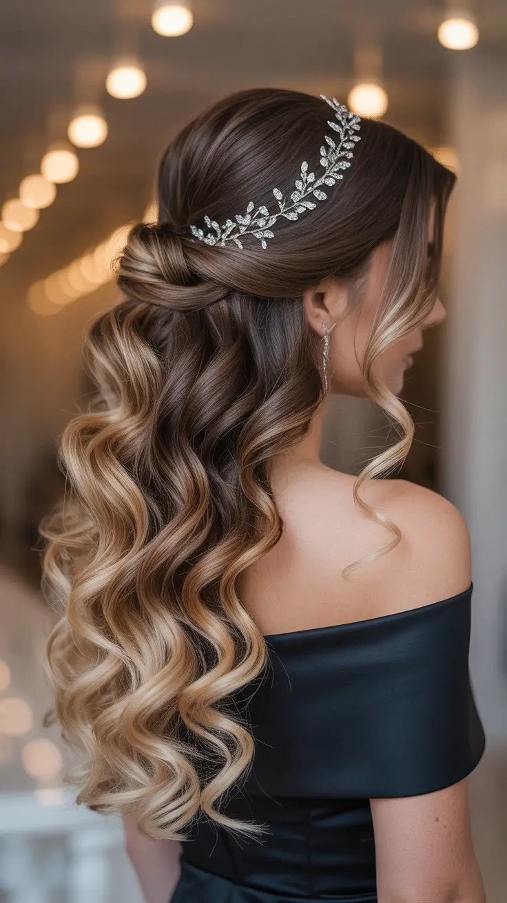 Winter Hairstyles 2025–2026 Trends & Ideas - Glam Half-Up With Liquid Waves and Crystal Vine