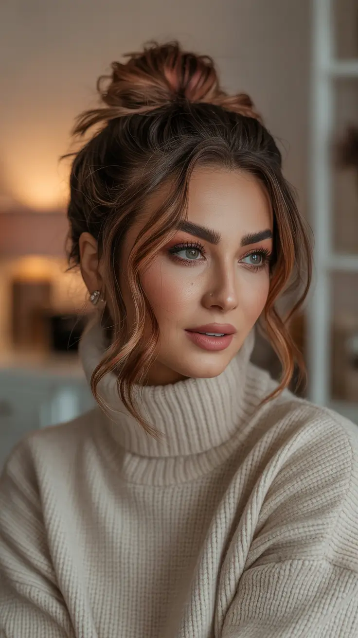 Winter Hairstyles 2025–2026 Trends & Ideas – Soft Topknot with Copper Face-Frame