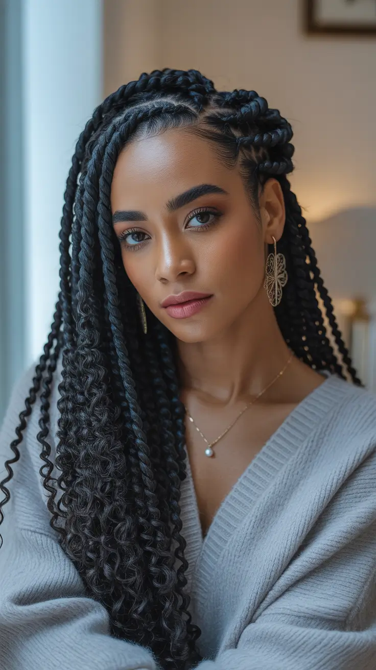 winter hairstyles for black women - Honey-Gloss Twists With Curly Ends