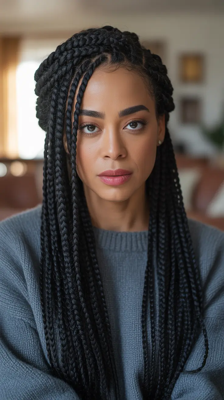 winter hairstyles for black women - Classic Box Braids With Clean Middle Part