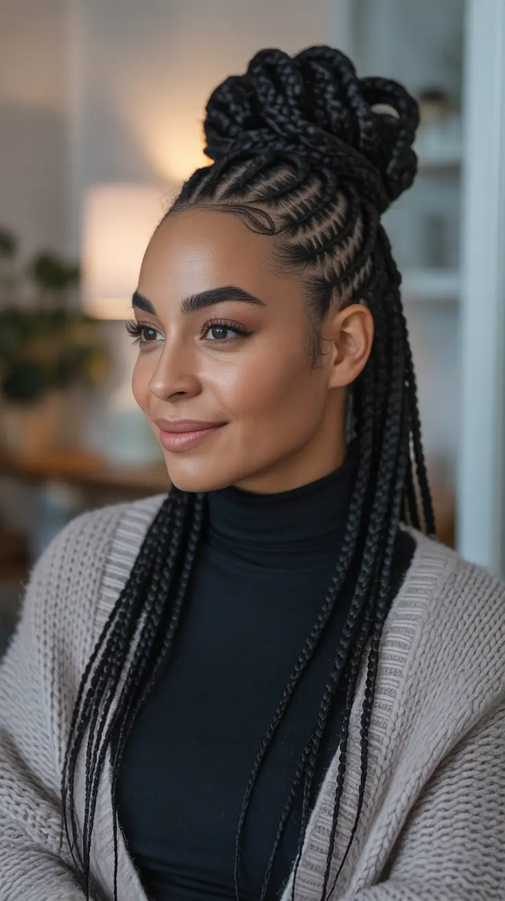 winter hairstyles for black women - Feed-In Braided Topknot With Tail Lengths
