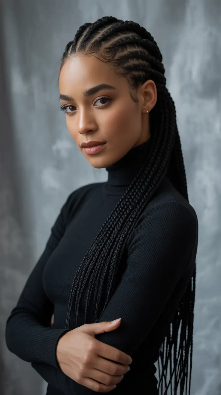 winter hairstyles for black women - Neat Cornrow Rows Into Slim Lengths