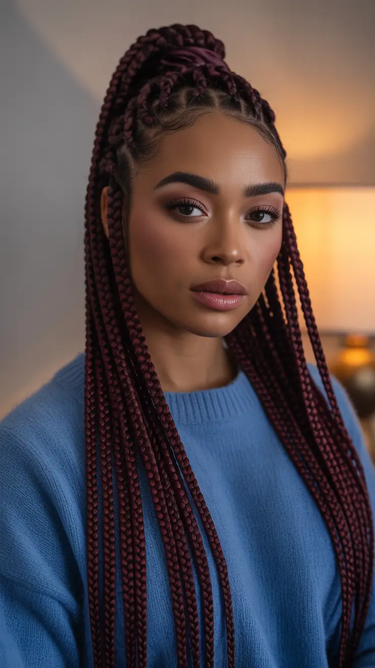 winter hairstyles for black women - Burgundy Box Braids Half Up High Tie