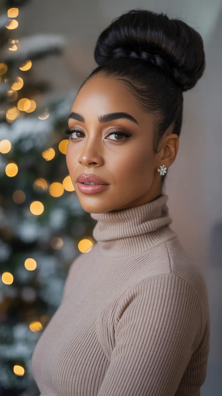 winter hairstyles for black women - Classic High Bun With Braided Halo