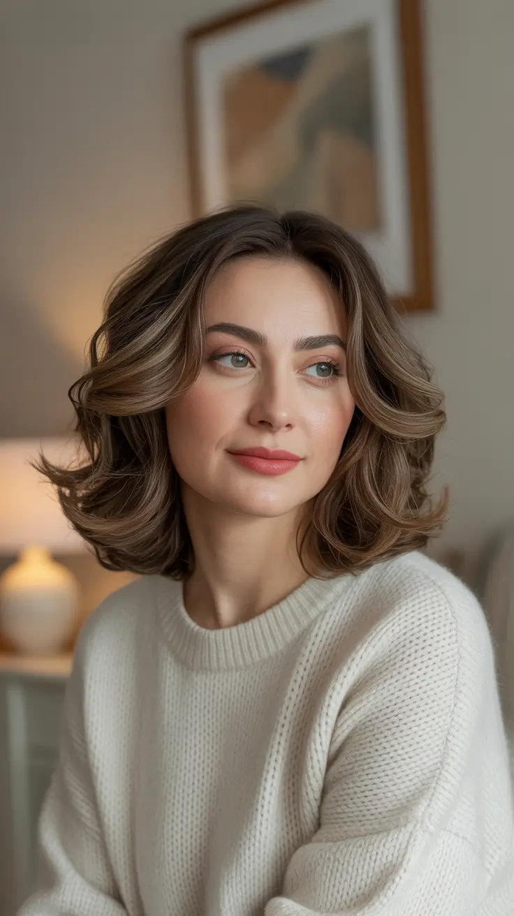 Winter 2025–2026 Medium Haircuts ideas - Rounded Flip Lob with Cocoa Lowlights
