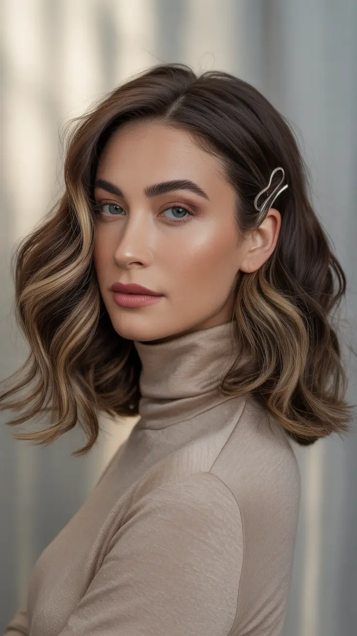 Winter 2025–2026 Medium Haircuts ideas - Side-Part Glam Waves with Barrette Detail