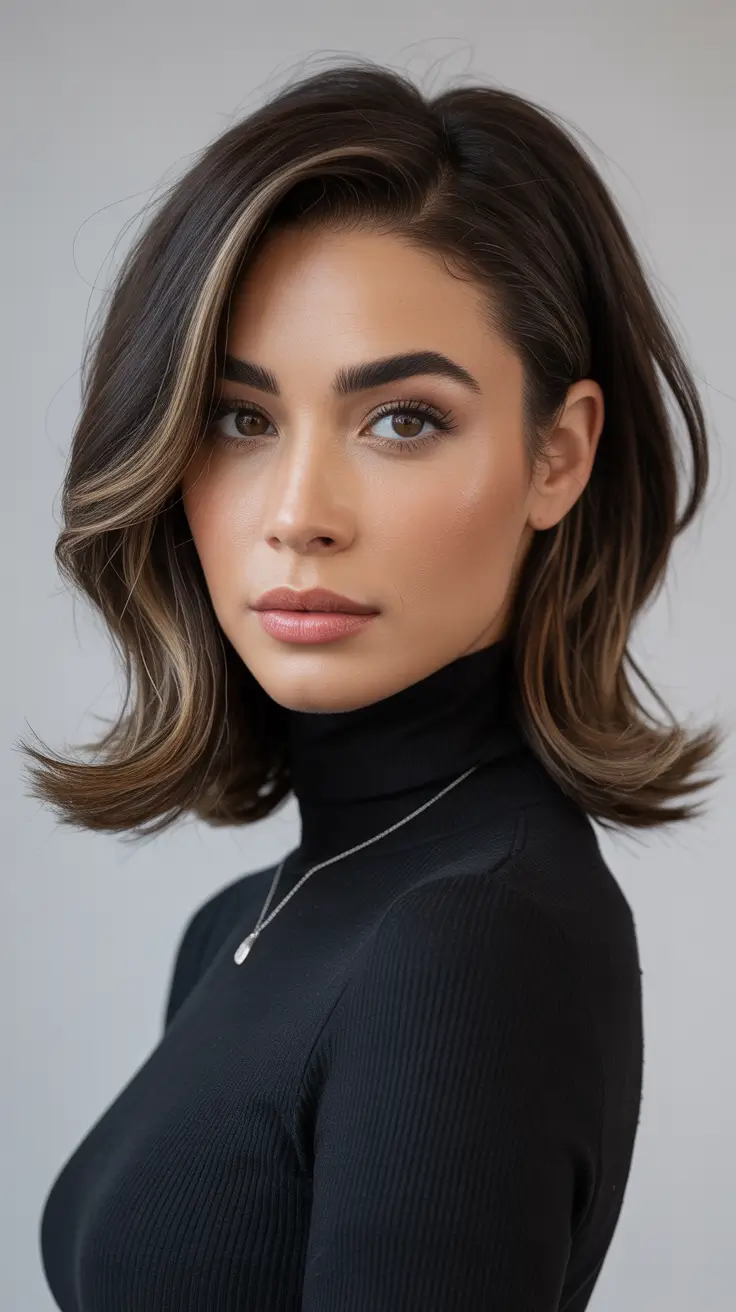 Winter 2025–2026 Medium Haircuts ideas - Glossy Espresso Lob with Money-Piece Pop