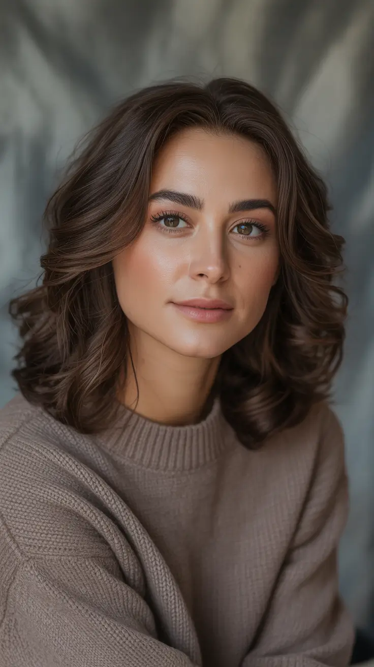 Winter 2025-2026 Mid-length Haircuts ideas- Classic Cocoa Lob with Rounded Volume