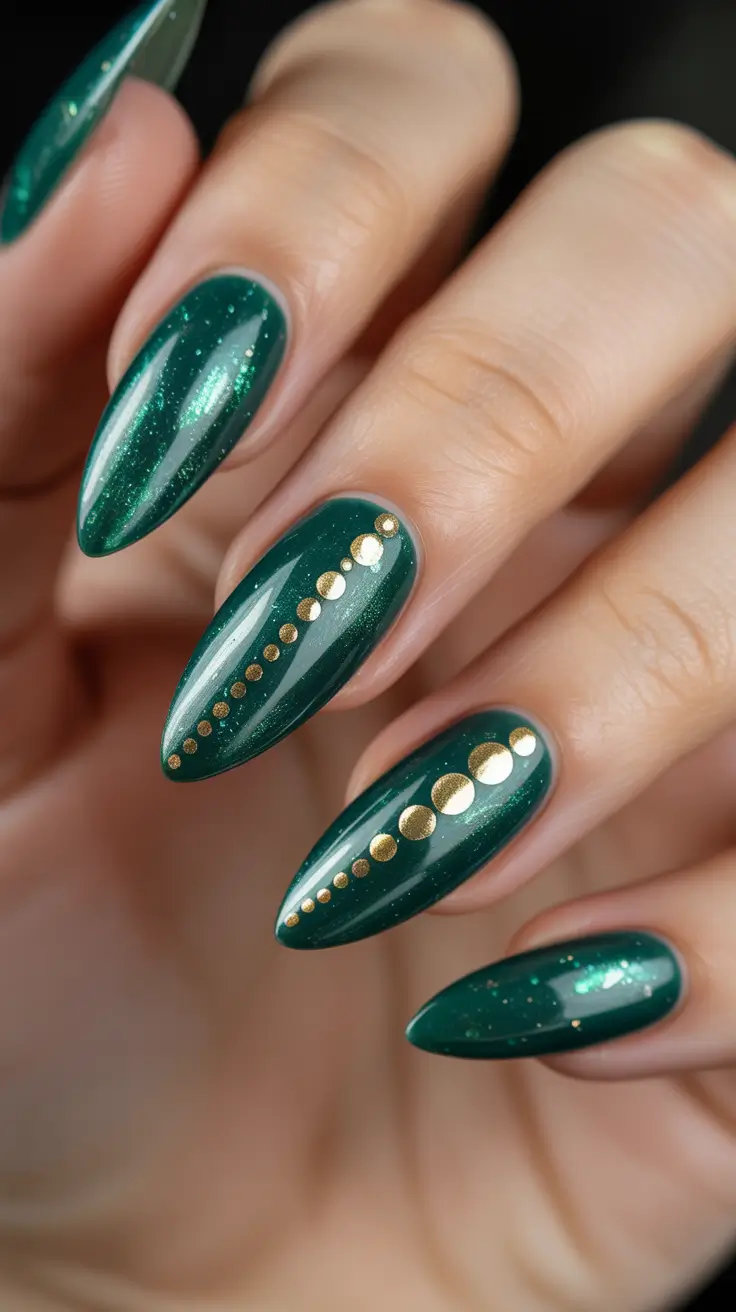 Trendy Winter Nails 2025-2026 - Emerald Aura Almonds with Gilded Dots