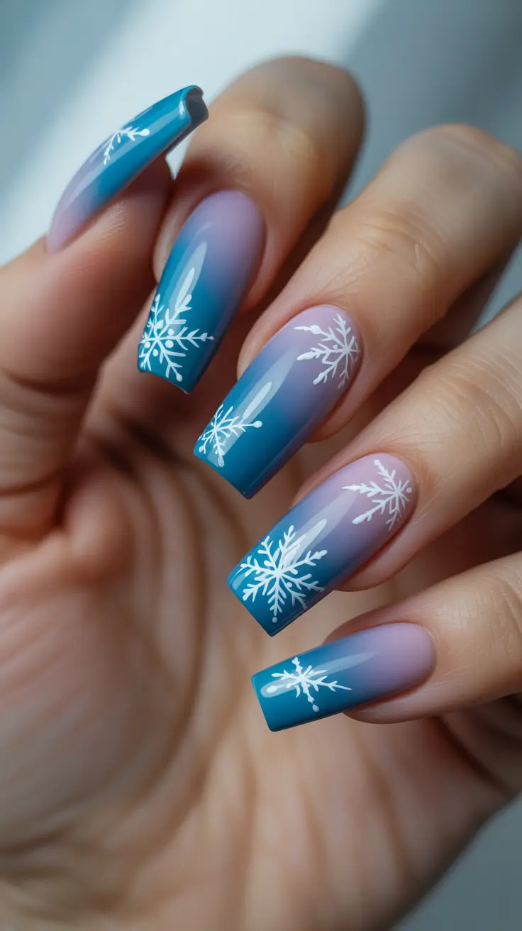 Trendy Winter Nails 2025-2026 - Icy Ombre Coffin With Delicate Flakes