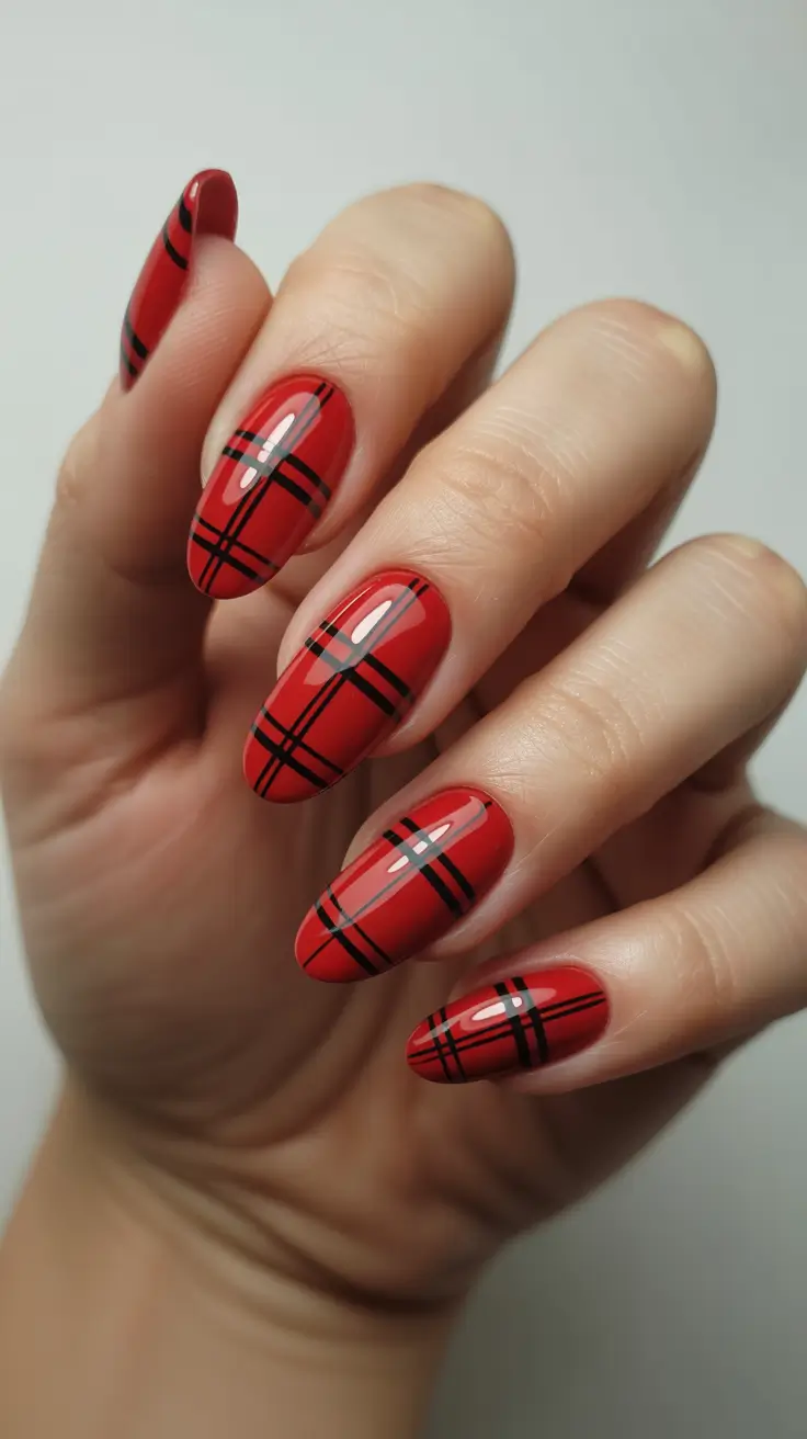Trendy Winter Nails 2025-2026 - Holiday Tartan on Glossy Red