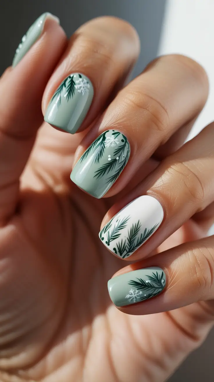 Trendy Winter Nails 2025-2026 - Sage Sprigs & Snow on Short Squares