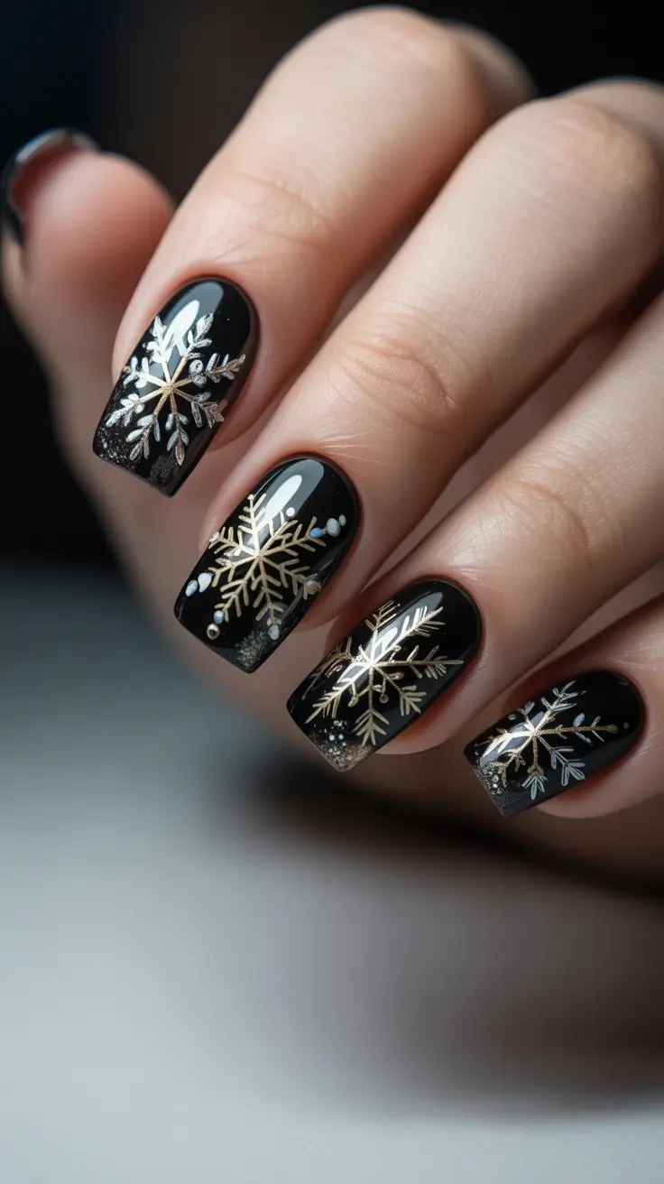 Trendy Winter Nails 2025-2026 - Black Ice Snowflakes on Glossy Squares
