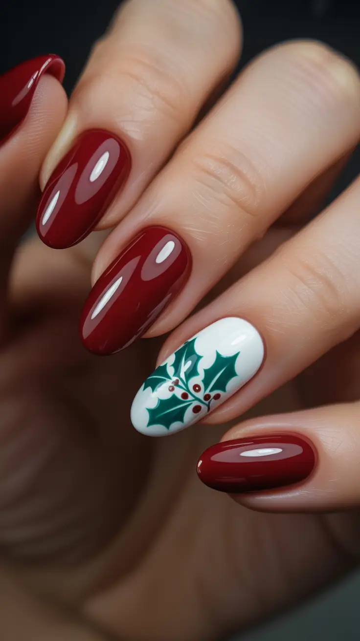 Trendy Winter Nails 2025-2026 - Classic Red With Holly Accent