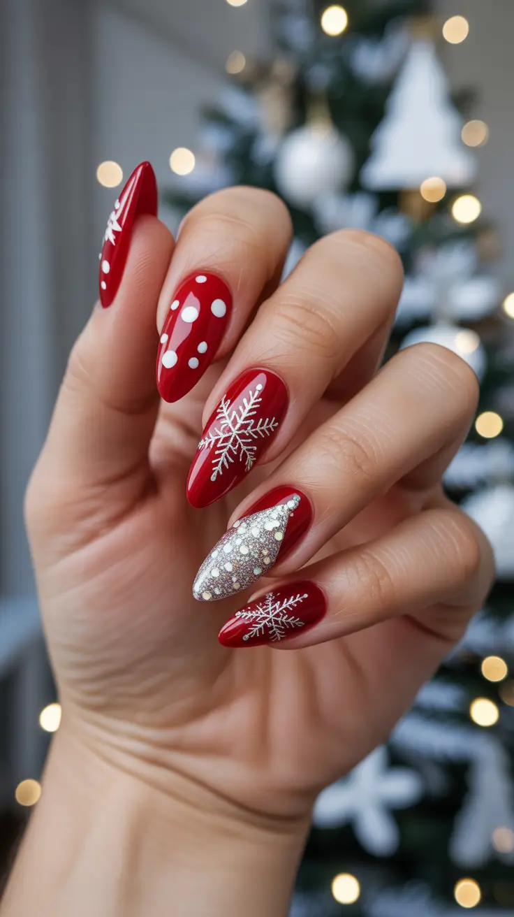 Trendy Winter Nails 2025-2026 - Scarlet Snow With Silver Party Accent