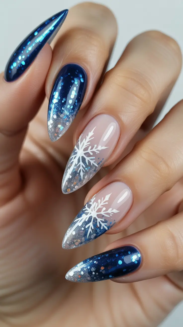 Trendy Winter Nails 2025-2026 - Starry Blue Gradient Almonds