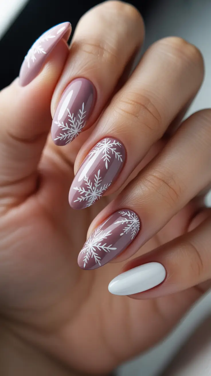 Trendy Winter Nails 2025-2026 - Mauve Cashmere With White Snowflakes