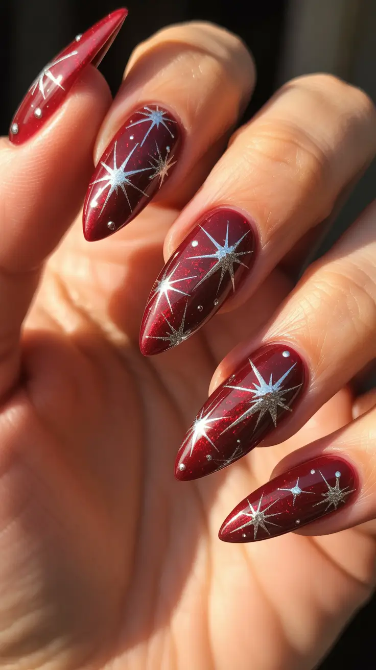 Trendy Winter Nails 2025-2026 - Burgundy Starburst Constellations