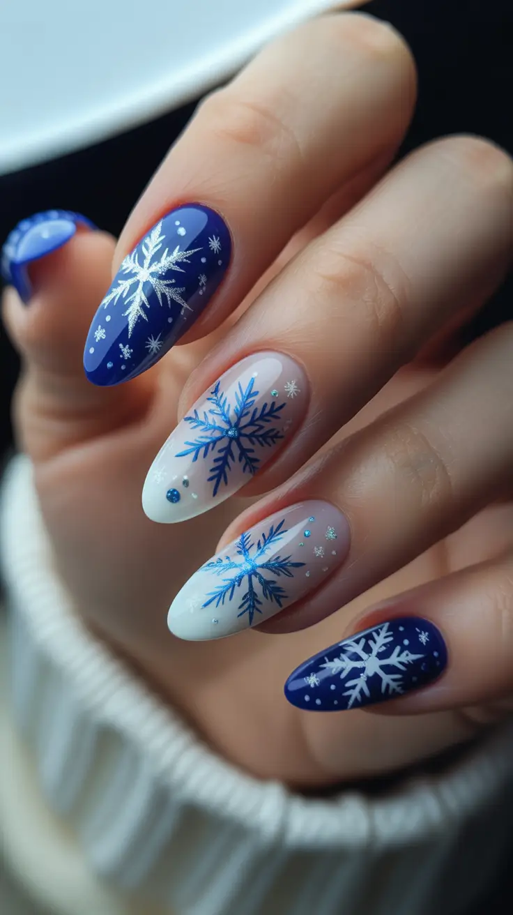 Trendy Winter Nails 2025-2026 - Midnight Snowflakes on Almond