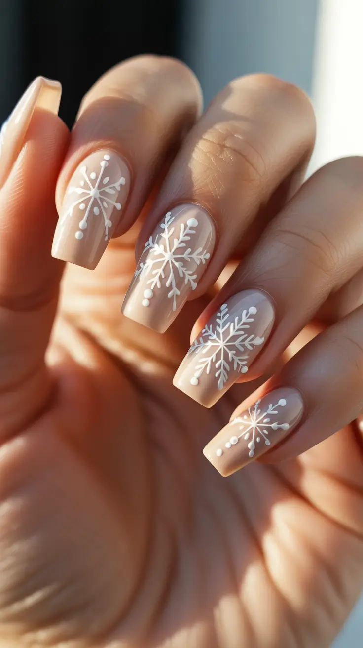 Trendy Winter Nails 2025-2026 - Soft Nude Squares with White Flurries