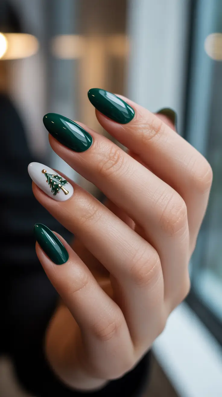 Trendy Winter Nails 2025-2026 - Evergreen With Minimal Tree Charm