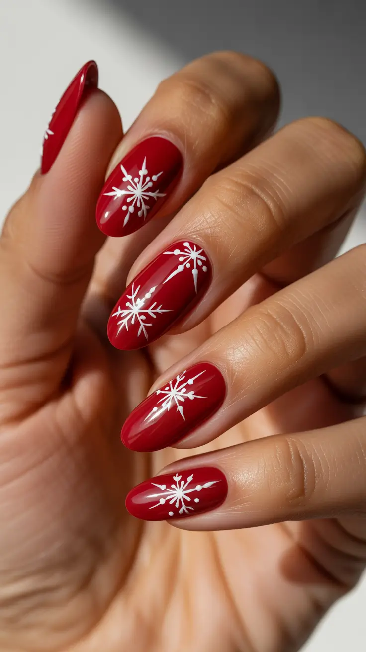 almond winter 2025 / 2026 nails design and color - Crimson Snowflakes - Classic Holiday Almond