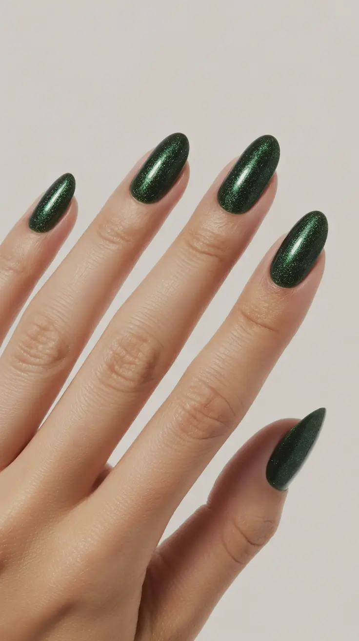 almond winter 2025 / 2026 nails design and color - Deep Evergreen Shimmer - One-and-Done