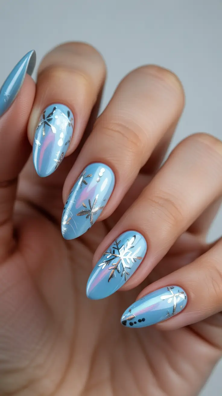 almond winter 2025 / 2026 nails design and color - Glacier Chrome - Iced Blue With Silver Snowflakes