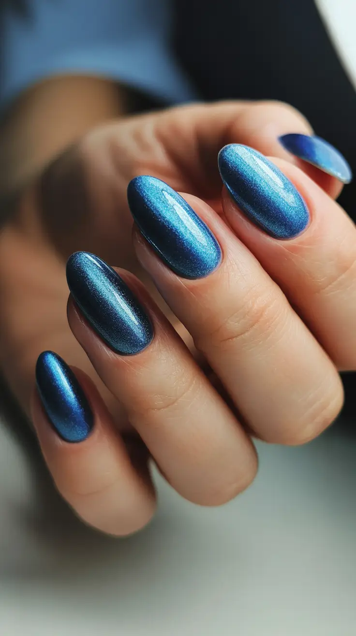 almond winter 2025 / 2026 nails design and color - Steel Blue Sheen - Satin Metallic Almond