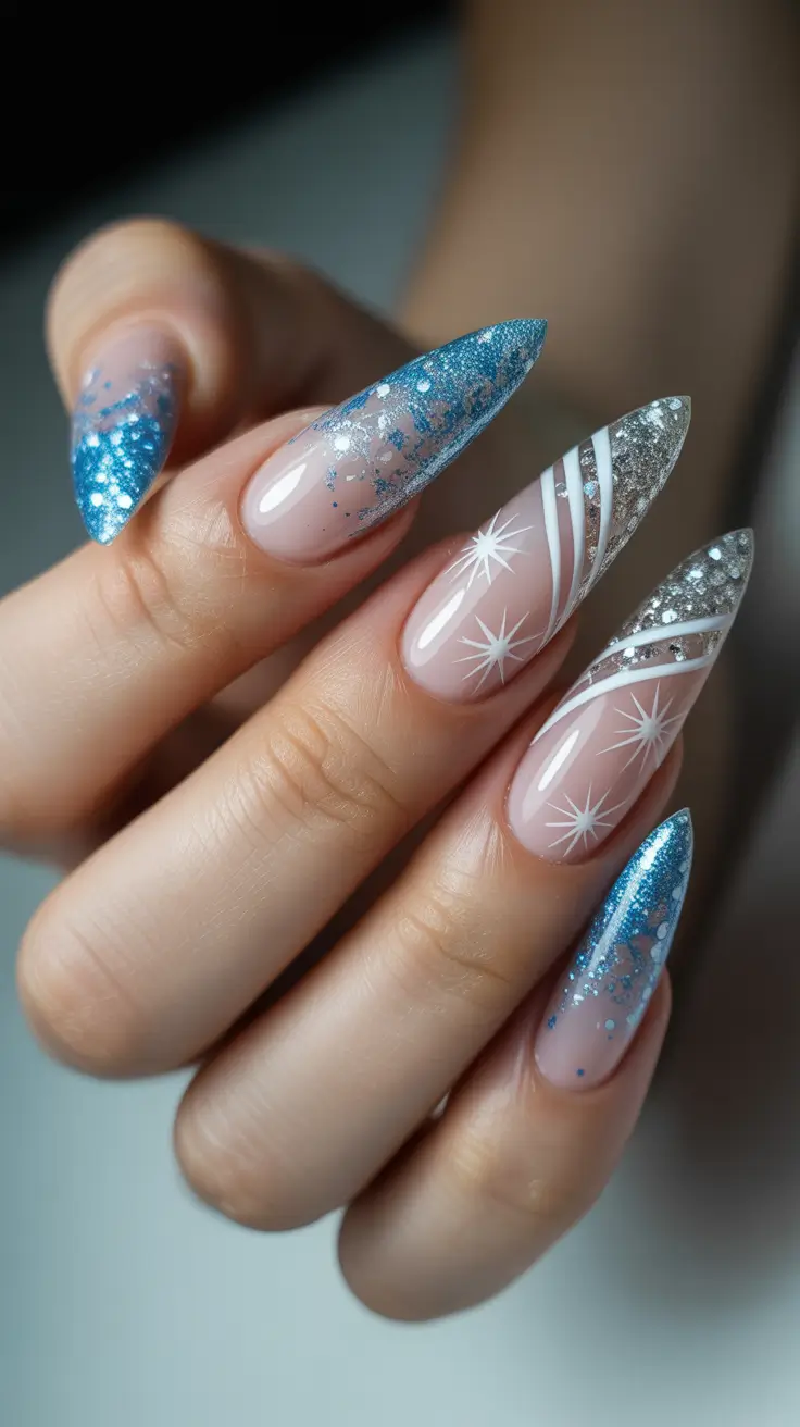 almond winter 2025 / 2026 nails design and color - Starlit French - Long Silver-Blue Almond With Stripes