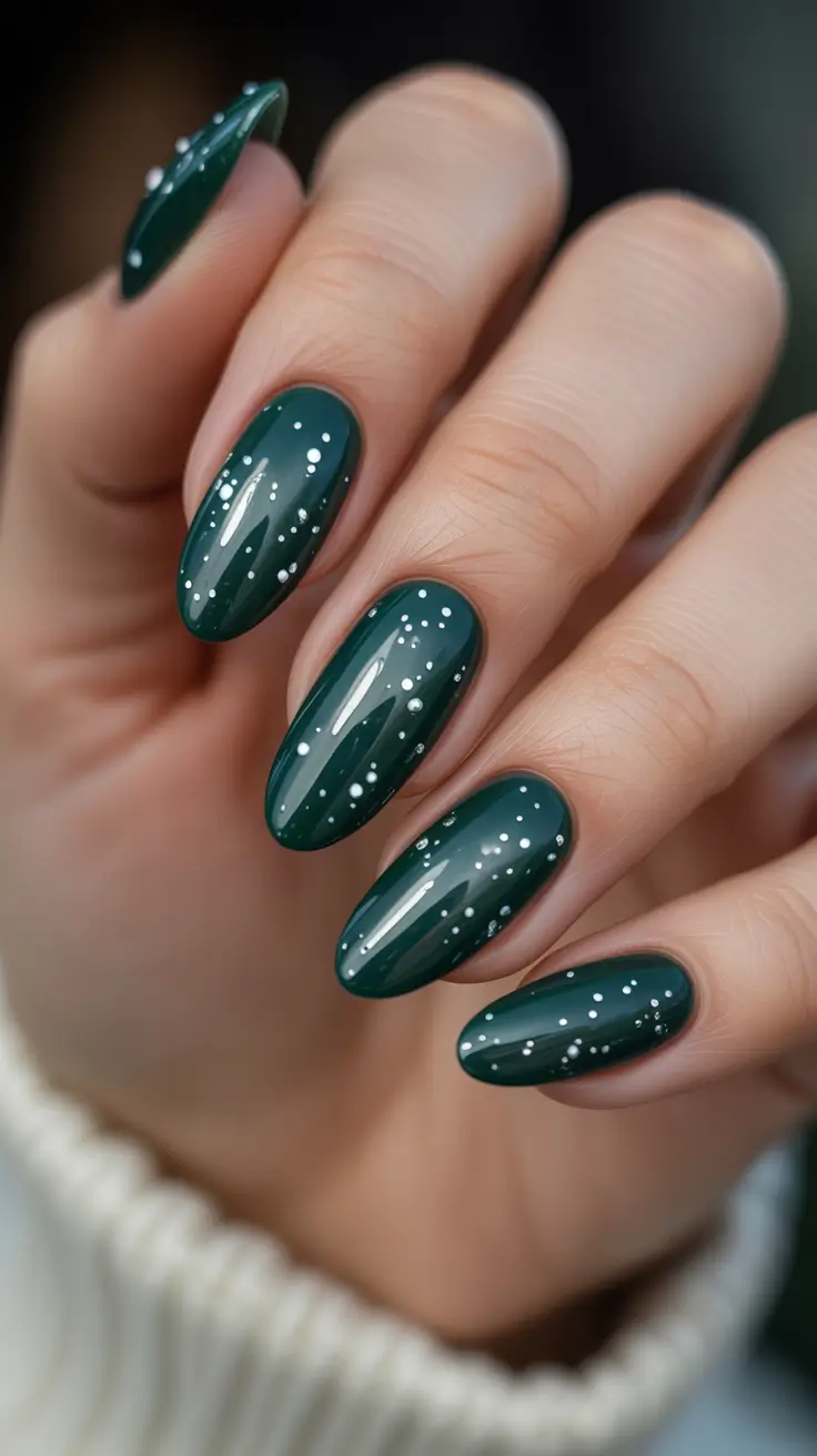almond winter 2025 / 2026 nails design and color - Forest Nightfall with Soft Snow
