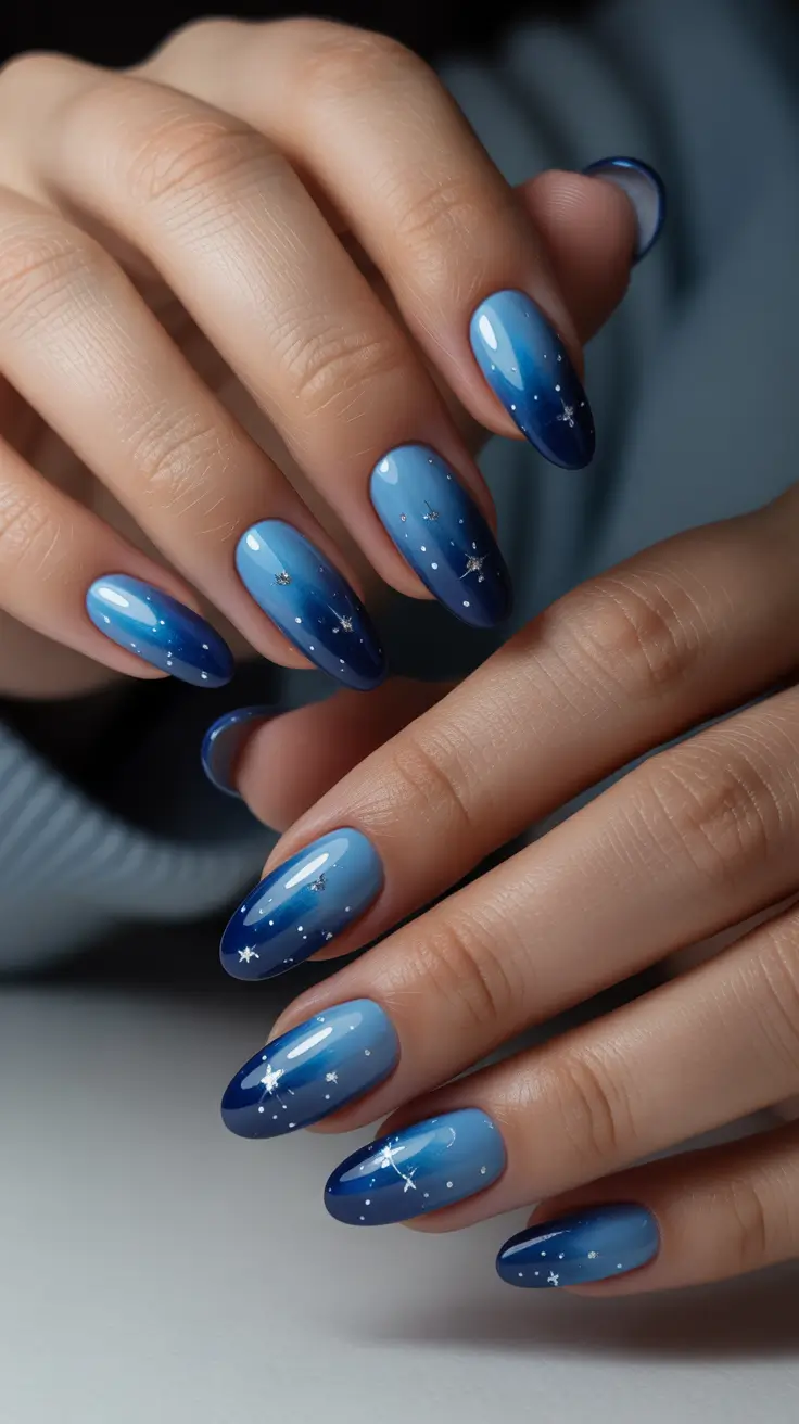 almond winter 2025 / 2026 nails design and color - Blue Hour Ombre with Starry Accents