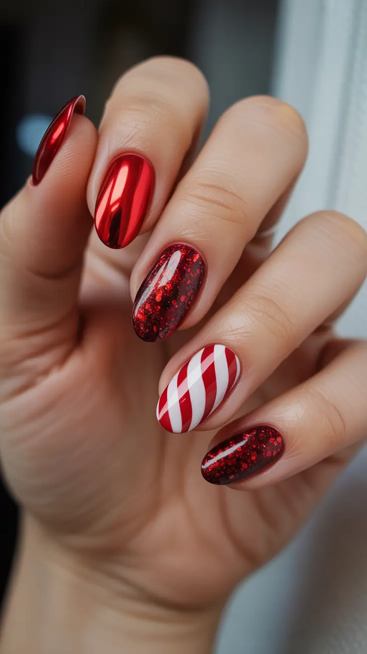 almond winter 2025 / 2026 nails design and color - Candy-Apple Chrome and Peppermint Stripes