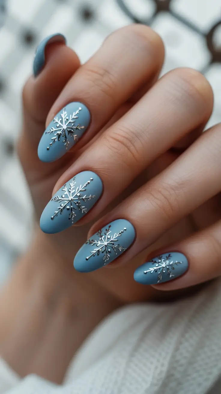 almond winter 2025 / 2026 nails design and color - Frosted Sky Mattes with Metallic Snowflakes