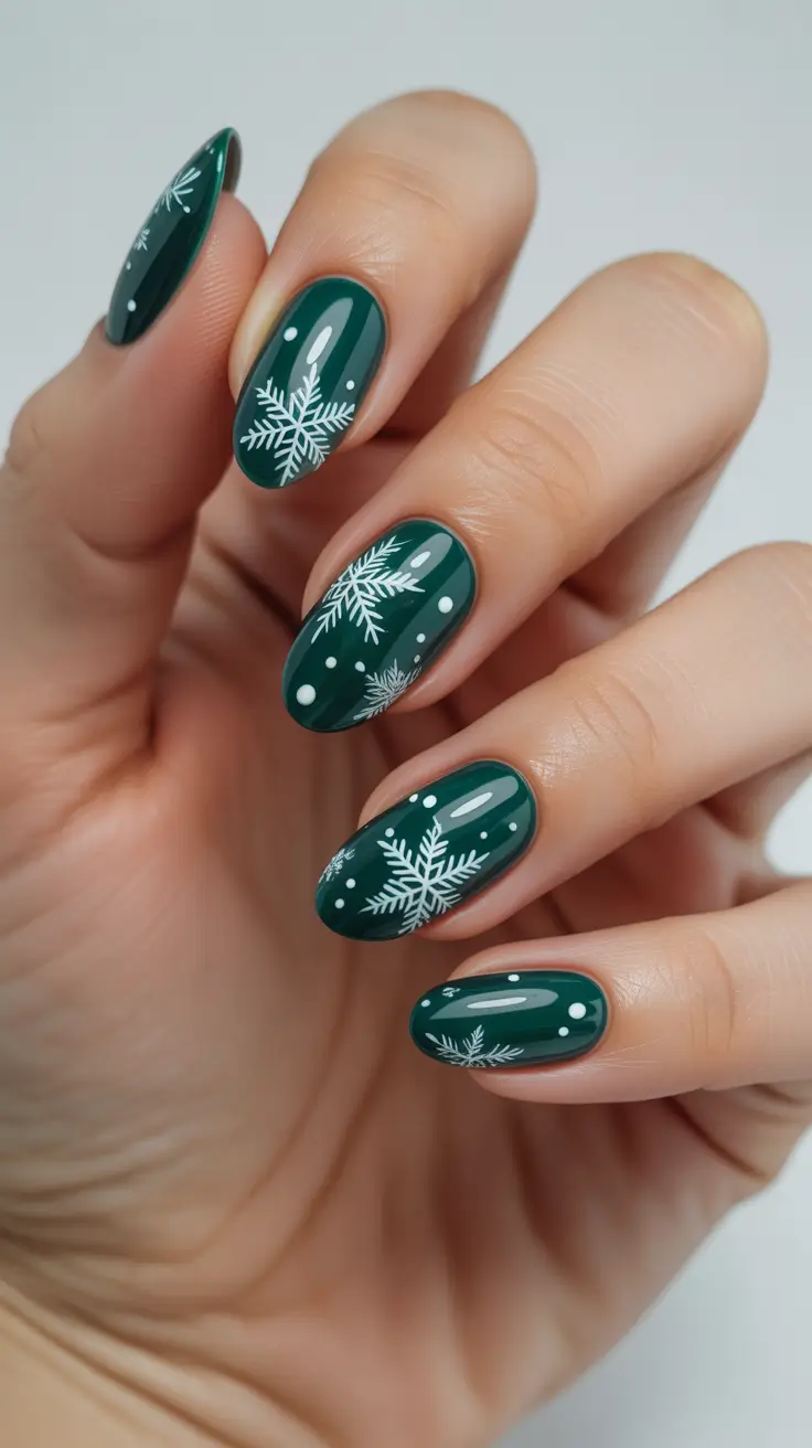 almond winter 2025 / 2026 nails design and color - Evergreen Snow - Deep Forest With Frosty Accents