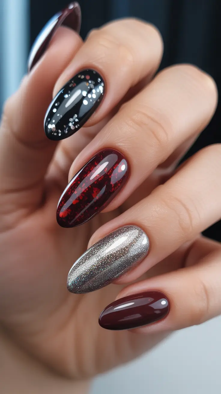 almond winter 2025 / 2026 nails design and color - Mixed Metals and Merlot Party Set