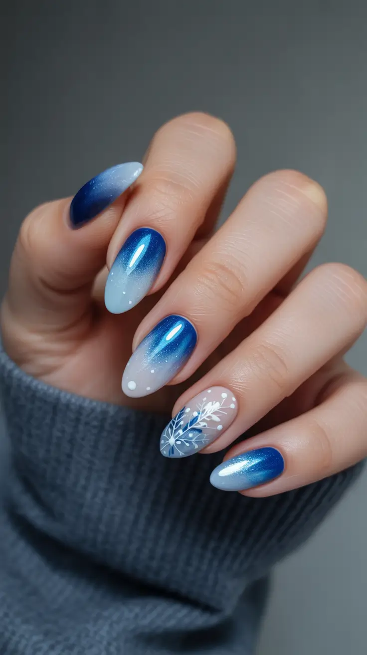 almond winter 2025 / 2026 nails design and color - Icy Blue Gradient with Snowy Botanical Accent