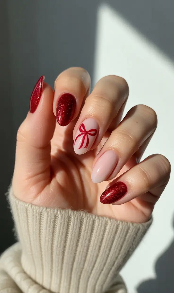 almond winter 2025 / 2026 nails design and color - Velvet Ribbon - Ruby Glitter With Minimal Bow