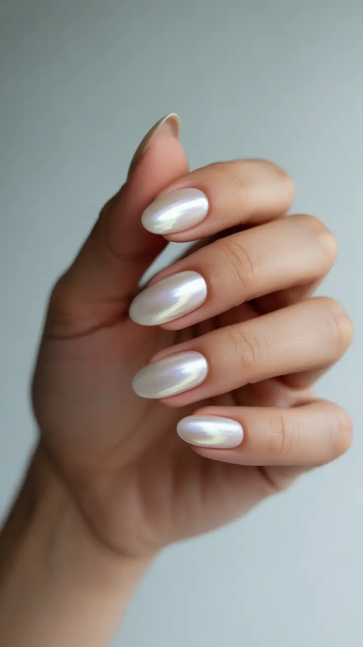 almond winter 2025 / 2026 nails design and color - Ice Pearl Chrome - Luminous White Almond
