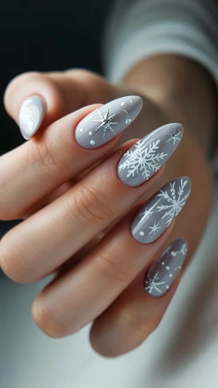 almond winter 2025 / 2026 nails design and color - Storm-Gray Snowflakes with Silver Stardust