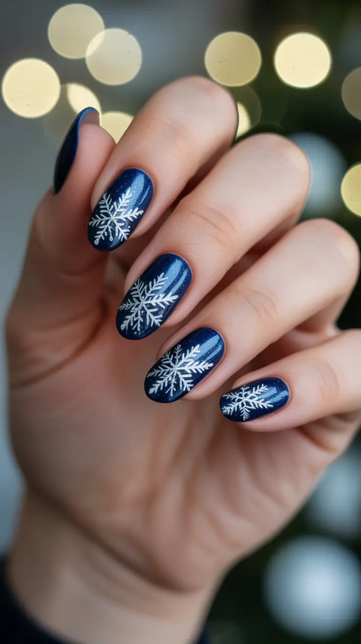 almond winter 2025 / 2026 nails design and color - Shimmer Navy with Minimal White Snowflakes
